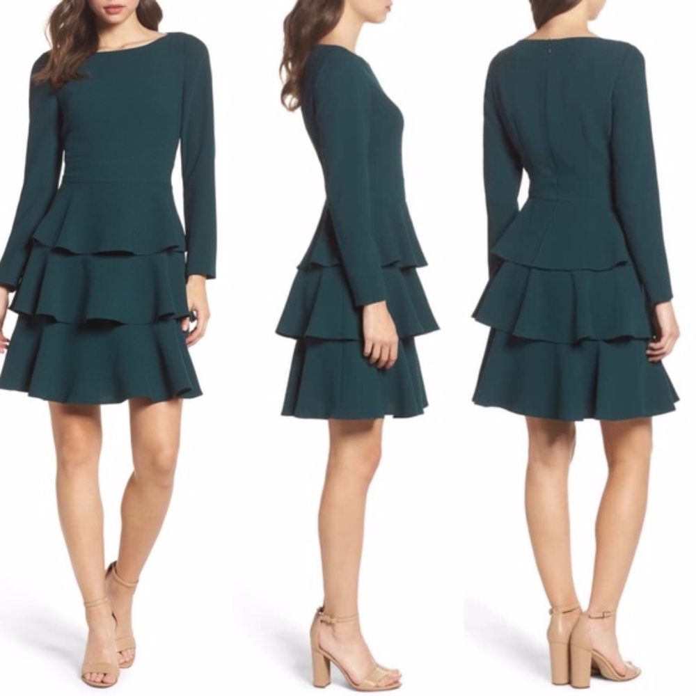 Eliza J Hunter Green Ruffled Long Sleeve Dress